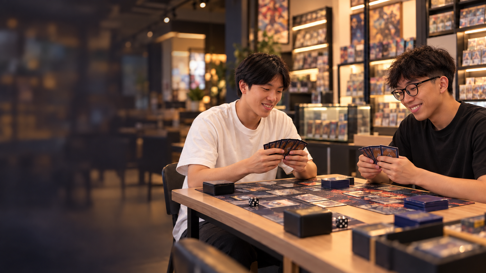 Two smiling players enjoying a trading card game in a Singapore card shop